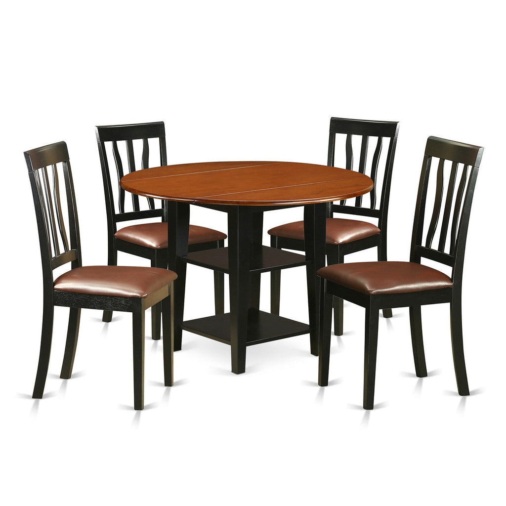 East West Furniture SUAN5-BCH-LC 5 Piece Kitchen Table Set Includes a Round Dining Room Table with Dropleaf & Shelves and 4 Faux Leather Upholstered Chairs, 42x42 Inch, Black & Cherry