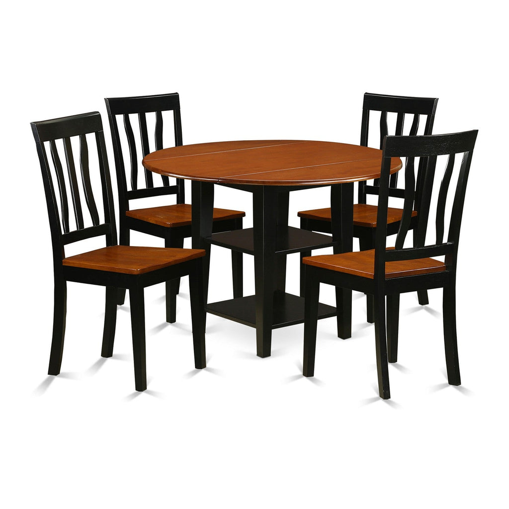 East West Furniture SUAN5-BCH-W 5 Piece Dining Set Includes a Round Dining Room Table with Dropleaf & Shelves and 4 Wood Seat Chairs, 42x42 Inch, Black & Cherry