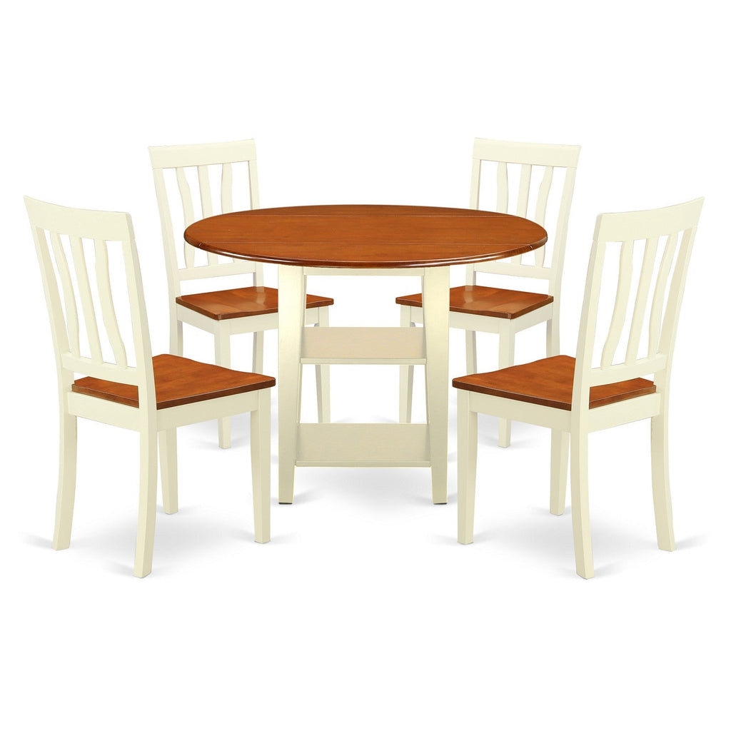 East West Furniture SUAN5-BMK-W 5 Piece Modern Dining Table Set Includes a Round Wooden Table with Dropleaf & Shelves and 4 Dining Room Chairs, 42x42 Inch, Buttermilk & Cherry