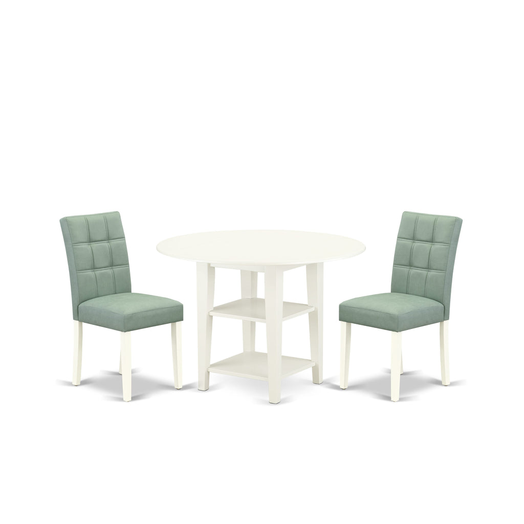 East West Furniture SUAS3-LWH-43 3 Piece Dining Room Table Set consists A Wood Dining Table and 2 Willow Green Faux Leather Mid Century Modern Dining Chairs, Linen White