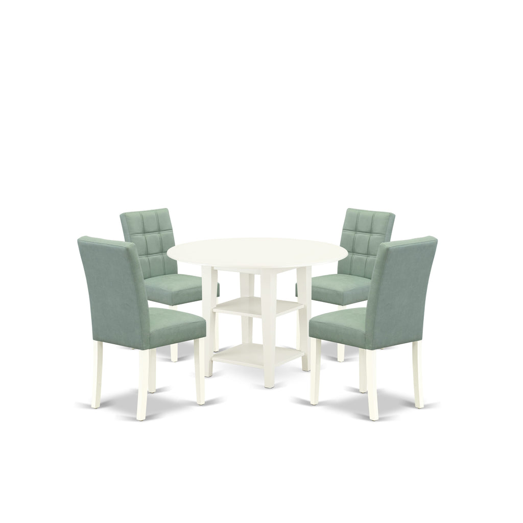 East West Furniture SUAS5-LWH-43 5 Piece Dining Table Set Includes A Mid Century Modern Dining Table and 4 Willow Green Faux Leather Dinning Chairs, Linen White