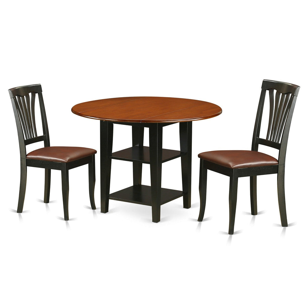 East West Furniture SUAV3-BCH-LC 3 Piece Dining Table Set Contains a Round Dining Room Table with Dropleaf & Shelves and 2 Faux Leather Upholstered Chairs, 42x42 Inch, Black & Cherry