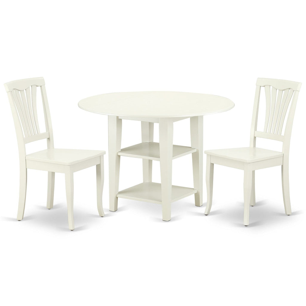 East West Furniture SUAV3-LWH-W 3 Piece Dining Room Table Set Contains a Round Kitchen Table with Dropleaf & Shelves and 2 Dining Chairs, 42x42 Inch, Linen White