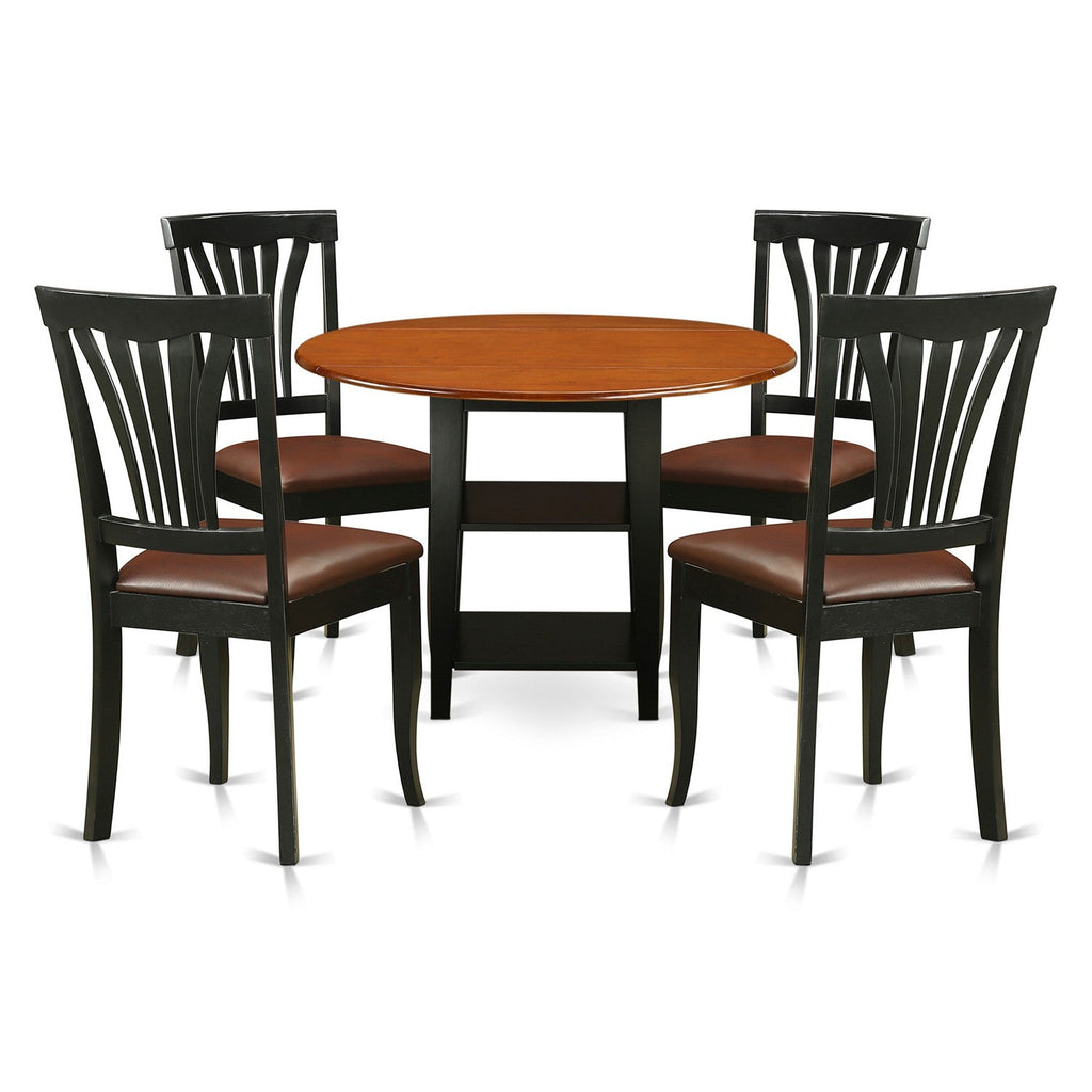 East West Furniture SUAV5-BCH-LC 5 Piece Dining Table Set for 4 Includes a Round Kitchen Table with Dropleaf & Shelves and 4 Faux Leather Dining Room Chairs, 42x42 Inch, Black & Cherry