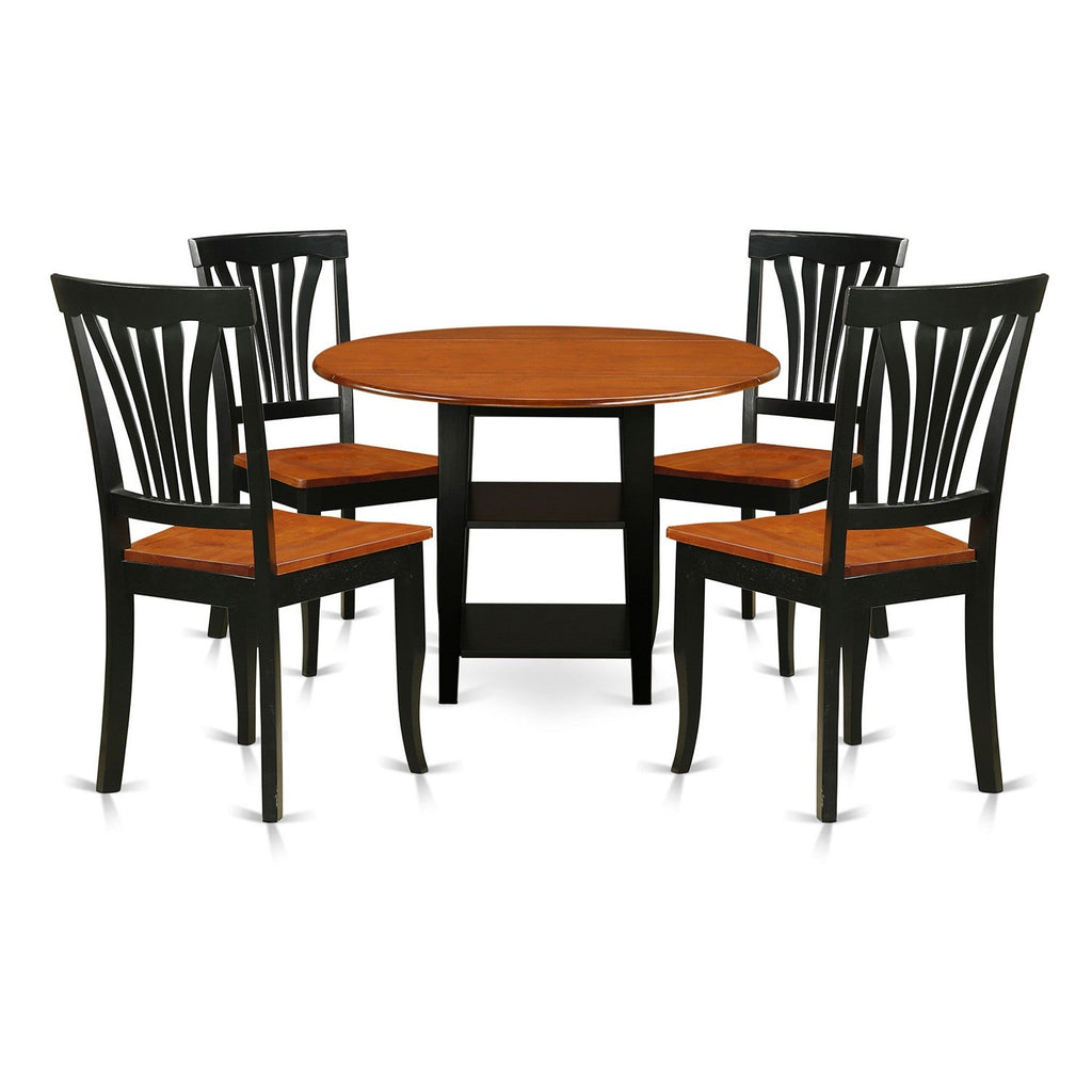 East West Furniture SUAV5-BCH-W 5 Piece Dining Room Furniture Set Includes a Round Dining Table with Dropleaf & Shelves and 4 Wood Seat Chairs, 42x42 Inch, Black & Cherry