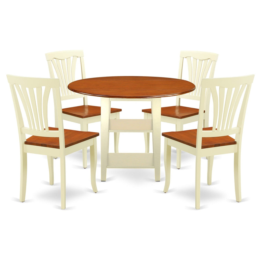 East West Furniture SUAV5-BMK-W 5 Piece Dining Room Furniture Set Includes a Round Dining Table with Dropleaf & Shelves and 4 Wood Seat Chairs, 42x42 Inch, Buttermilk & Cherry
