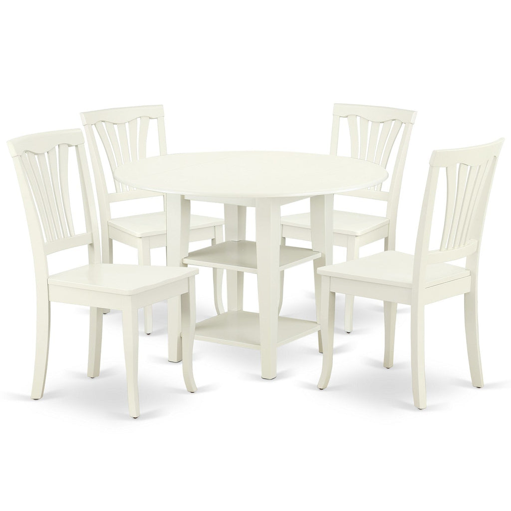 East West Furniture SUAV5-LWH-W 5 Piece Dining Table Set for 4 Includes a Round Kitchen Table with Dropleaf & Shelves and 4 Kitchen Dining Chairs, 42x42 Inch, Linen White