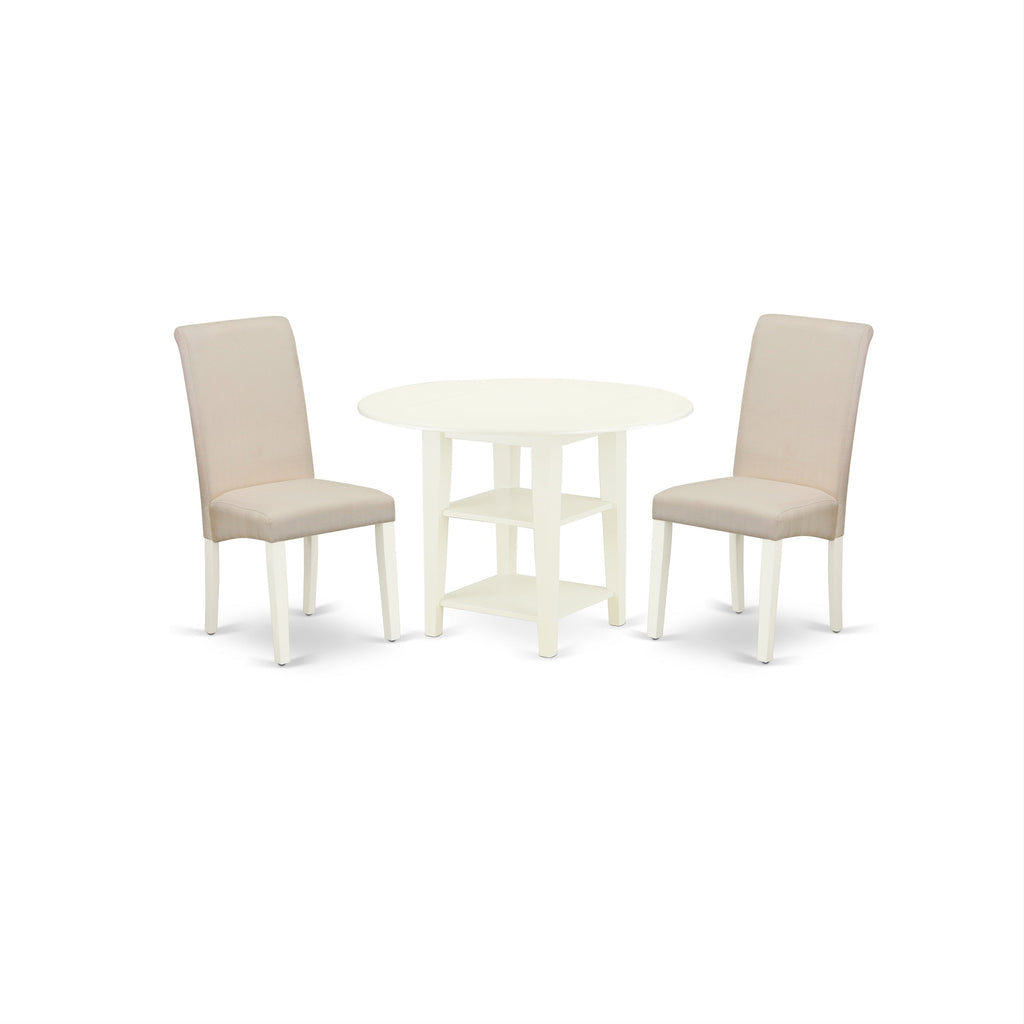 East West Furniture SUBA3-LWH-01 3 Piece Kitchen Table Set Contains a Round Dining Table with Dropleaf & Shelves and 2 Cream Linen Fabric Parson Dining Chairs, 42x42 Inch, Linen White