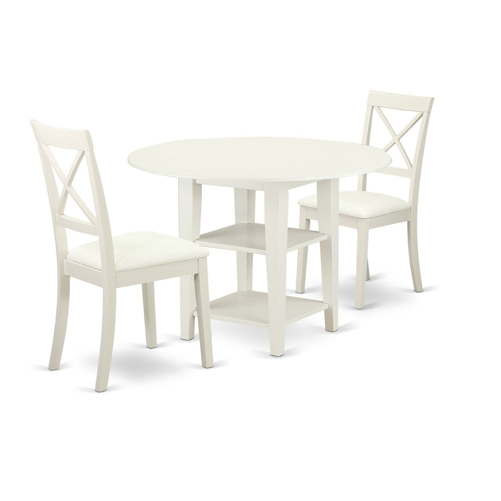 East West Furniture SUBO3-LWH-LC 3 Piece Dining Room Furniture Set Contains a Round Dining Table with Dropleaf & Shelves and 2 Faux Leather Upholstered Chairs, 42x42 Inch, Linen White