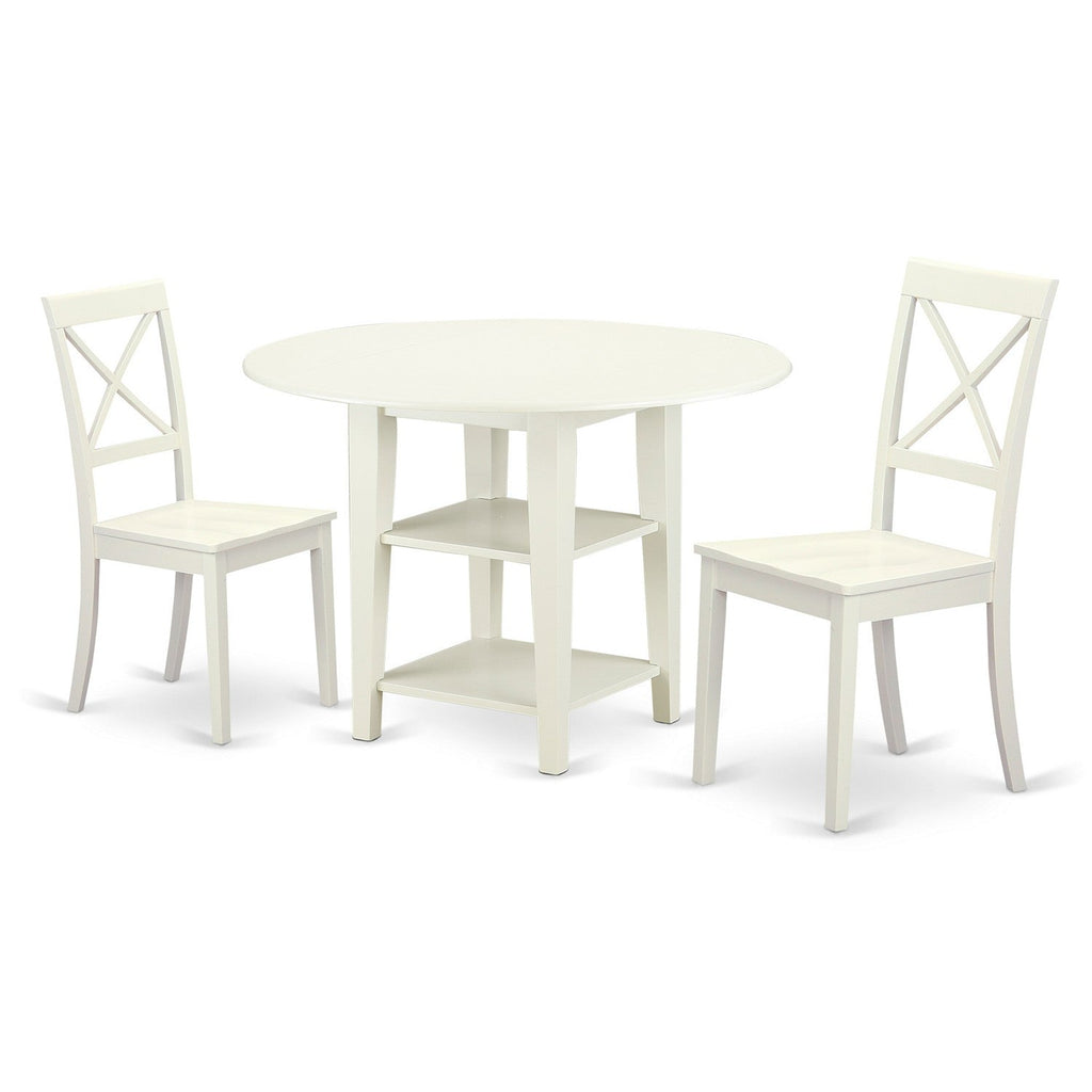 East West Furniture SUBO3-LWH-W 3 Piece Dining Room Table Set Contains a Round Kitchen Table with Dropleaf & Shelves and 2 Dining Chairs, 42x42 Inch, Linen White
