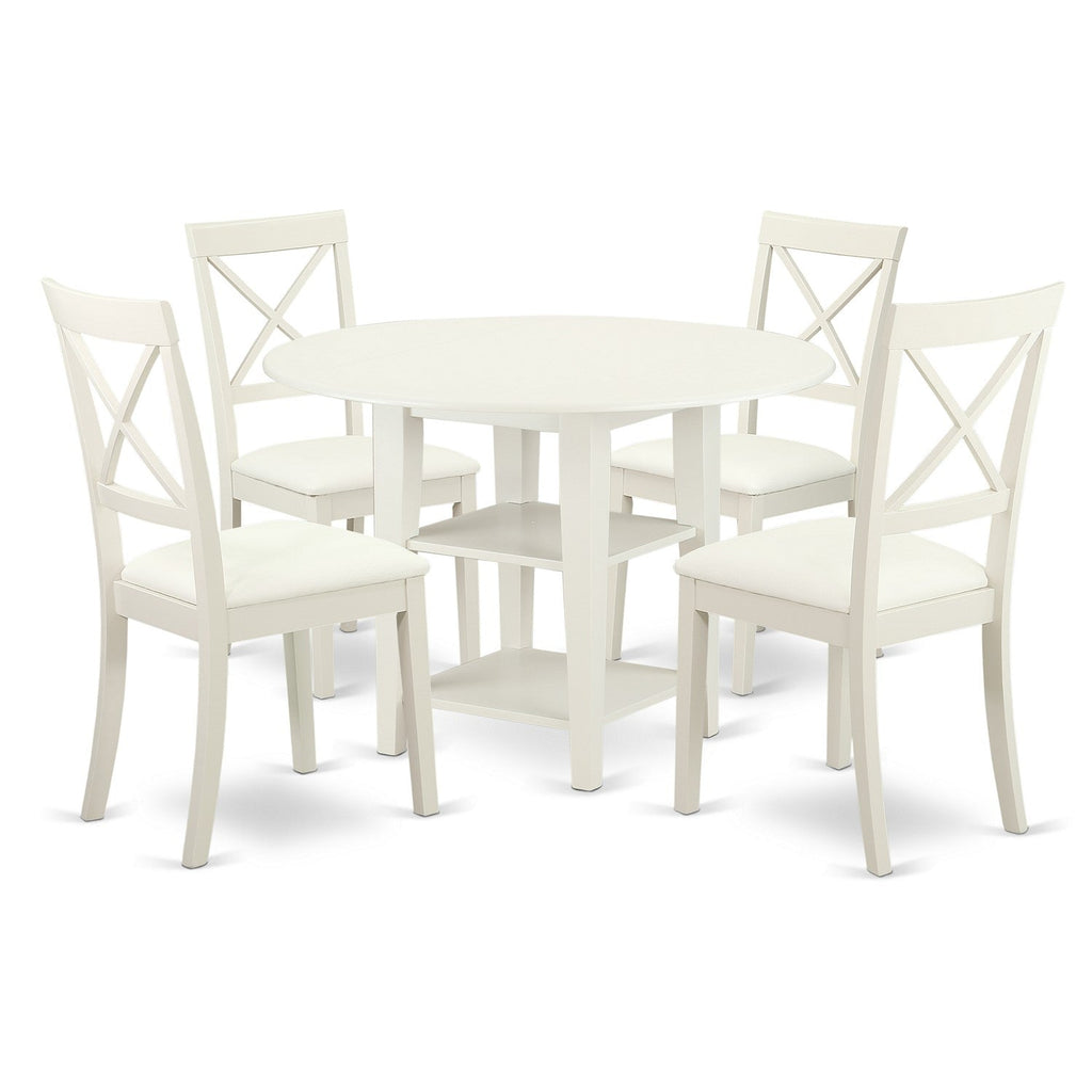 East West Furniture SUBO5-LWH-LC 5 Piece Dining Set Includes a Round Dining Table with Dropleaf & Shelves and 4 Faux Leather Kitchen Room Chairs, 42x42 Inch, Linen White