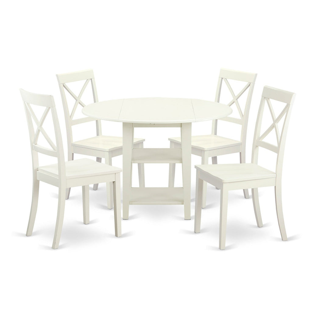 East West Furniture SUBO5-LWH-W 5 Piece Dining Set Includes a Round Dining Room Table with Dropleaf & Shelves and 4 Wood Seat Chairs, 42x42 Inch, Linen White