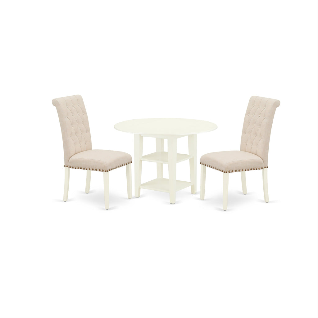 East West Furniture SUBR3-LWH-02 3 Piece Dining Set Contains a Round Dining Room Table with Dropleaf & Shelves and 2 Light Beige Linen Fabric Upholstered Chairs, 42x42 Inch, Linen White