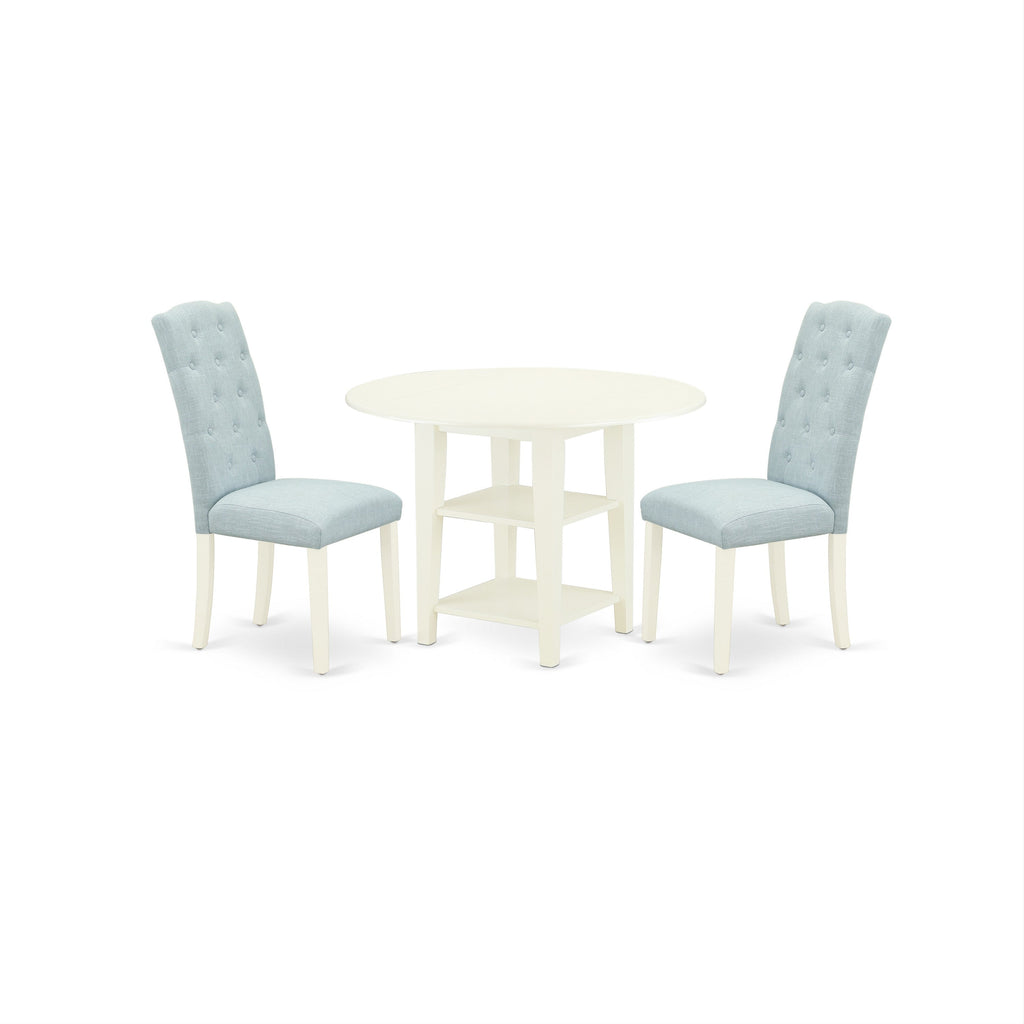 East West Furniture SUCE3-LWH-15 3 Piece Dining Table Set Contains a Round Dining Room Table with Dropleaf & Shelves and 2 Baby Blue Linen Fabric Parsons Chairs, 42x42 Inch, Linen White