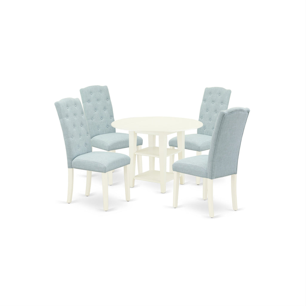 East West Furniture SUCE5-LWH-15 5 Piece Dining Room Furniture Set Includes a Round Dinner Table with Dropleaf & Shelves and 4 Baby Blue Linen Fabric Parson Chairs, 42x42 Inch, Linen White