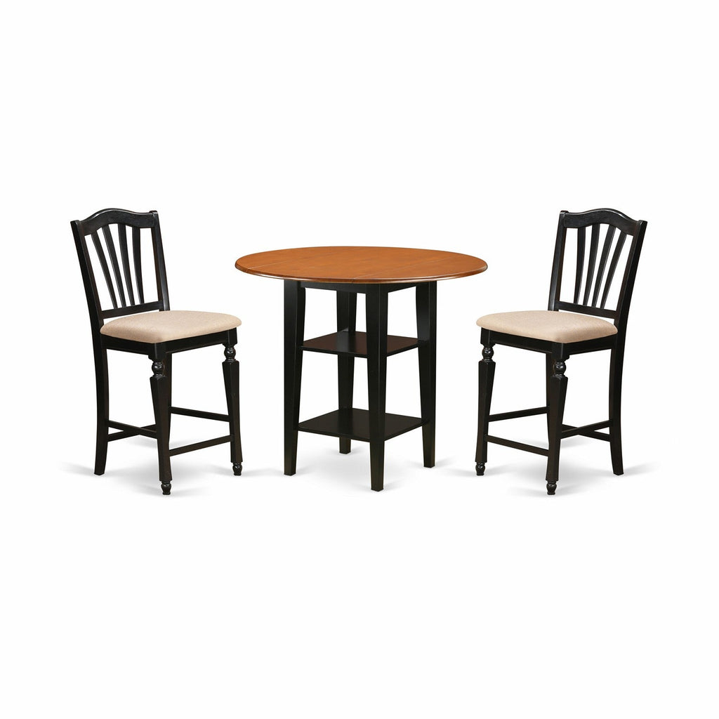 East West Furniture SUCH3H-BCH-C 3 Piece Counter Height Dining Table Set Contains a Round Pub Table with Dropleaf & Shelves and 2 Linen Fabric Dining Room Chairs, 42x42 Inch, Black & Cherry
