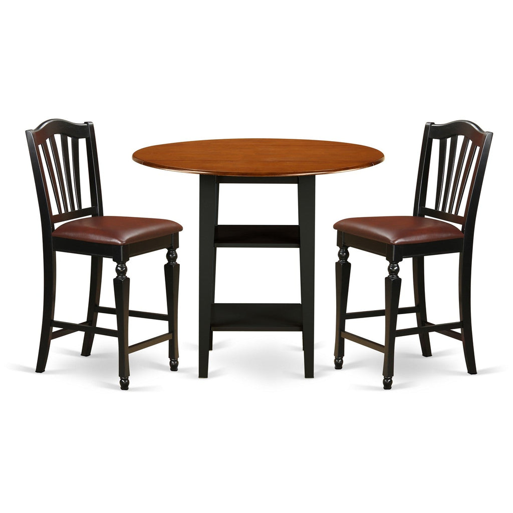 East West Furniture SUCH3H-BCH-LC 3 Piece Counter Height Dining Table Set Contains a Round Kitchen Table with Dropleaf & Shelves and 2 Faux Leather Upholstered Chairs, 42x42 Inch, Black & Cherry