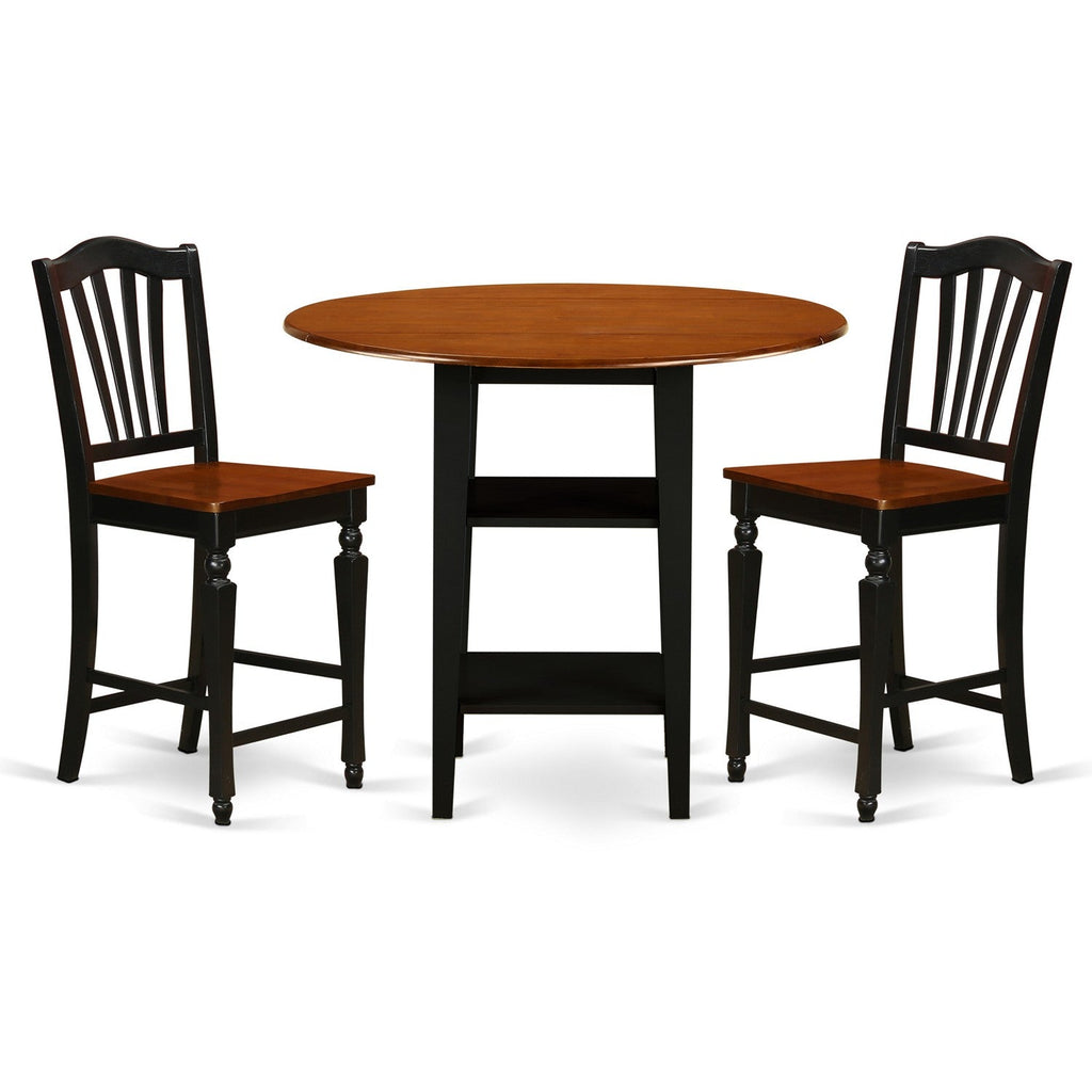 East West Furniture SUCH3H-BCH-W 3 Piece Kitchen Counter Height Dining Table Set Contains a Round Wooden Table with Dropleaf & Shelves and 2 Dining Chairs, 42x42 Inch, Black & Cherry