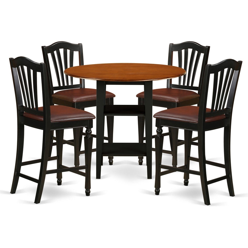 East West Furniture SUCH5H-BCH-LC 5 Piece Kitchen Counter Height Dining Set Includes a Round Bar Table with Dropleaf & Shelves and 4 Faux Leather Upholstered Chairs, 42x42 Inch, Black & Cherry