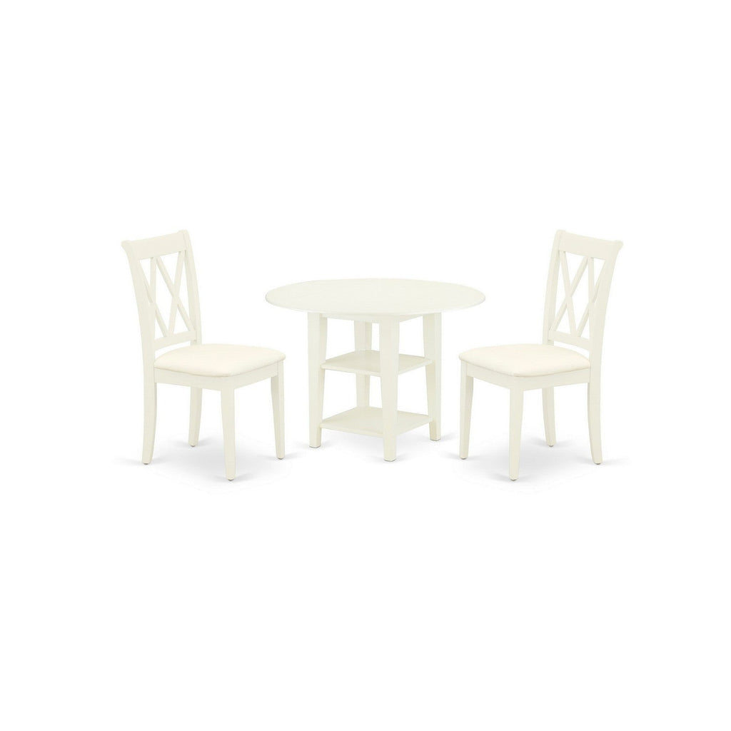 East West Furniture SUCL3-LWH-C 3 Piece Dining Table Set Contains a Round Dining Room Table with Dropleaf & Shelves and 2 Linen Fabric Upholstered Chairs, 42x42 Inch, Linen White