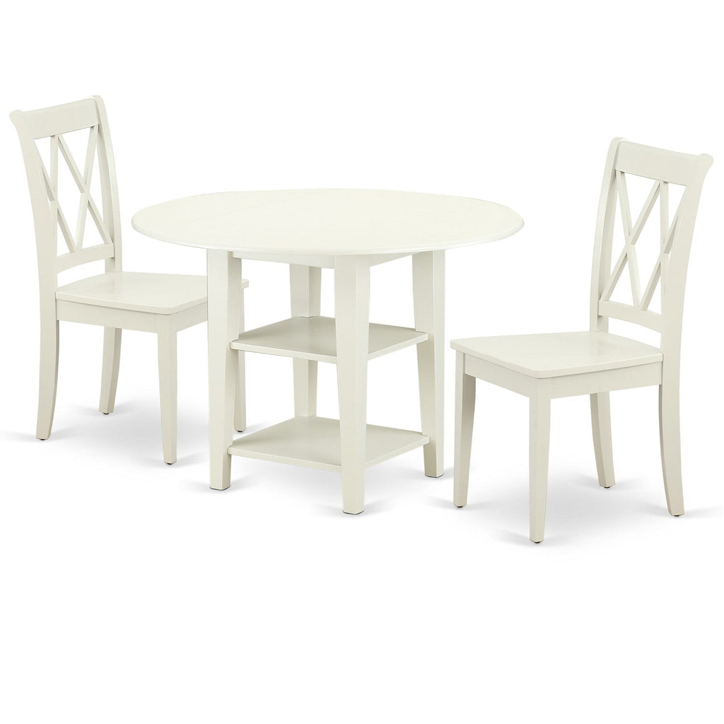 East West Furniture SUCL3-LWH-W 3 Piece Dining Room Furniture Set Contains a Round Kitchen Table with Dropleaf & Shelves and 2 Dining Chairs, 42x42 Inch, Linen White