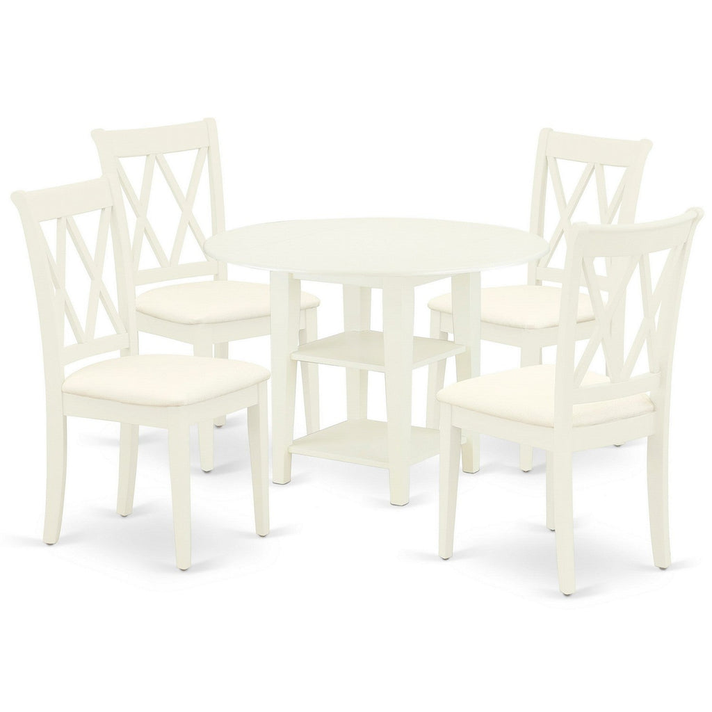 East West Furniture SUCL5-LWH-C 5 Piece Dining Room Table Set Includes a Round Kitchen Table with Dropleaf & Shelves and 4 Linen Fabric Upholstered Dining Chairs, 42x42 Inch, Linen White