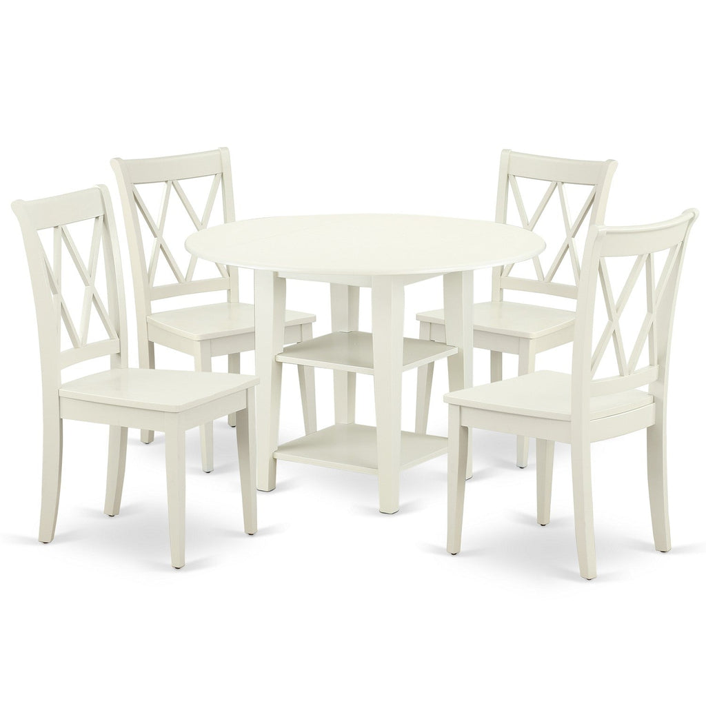 East West Furniture SUCL5-LWH-W 5 Piece Dinette Set for 4 Includes a Round Dining Room Table with Dropleaf & Shelves and 4 Kitchen Dining Chairs, 42x42 Inch, Linen White