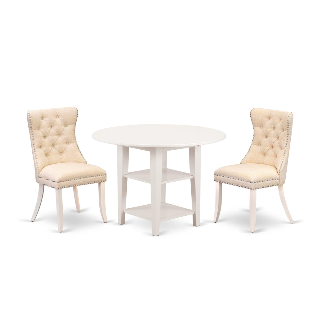 East West Furniture SUDA3-LWH-32 3 Piece Dining Room Set Includes a Round Kitchen Table with Dropleaf & Shelves and 2 Upholstered Chairs, 42x42 Inch, linen white