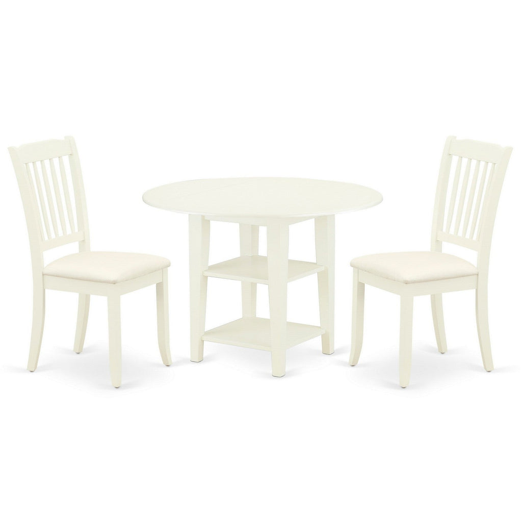 East West Furniture SUDA3-LWH-C 3 Piece Dining Table Set Contains a Round Dining Room Table with Dropleaf & Shelves and 2 Linen Fabric Upholstered Chairs, 42x42 Inch, Linen White