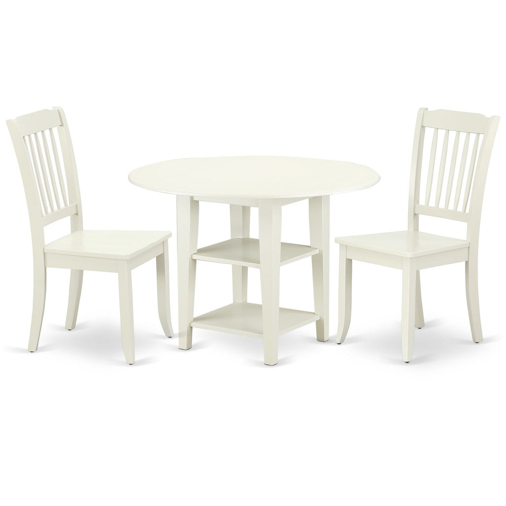 East West Furniture SUDA3-LWH-W 3 Piece Dining Room Table Set Contains a Round Dining Table with Dropleaf & Shelves and 2 Wood Seat Chairs, 42x42 Inch, Linen White