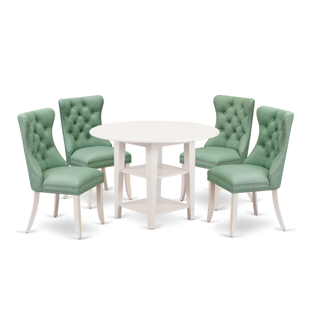 East West Furniture SUDA5-LWH-22 5 Piece Dinette Set for Small Spaces Contains a Round Dining Table with Dropleaf & Shelves and 4 Upholstered Chairs, 42x42 Inch, linen white