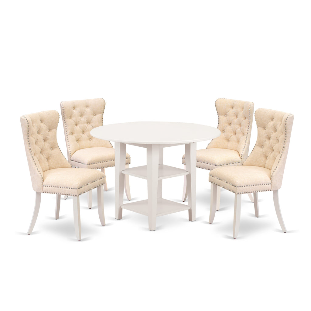 East West Furniture SUDA5-LWH-32 5 Piece Dining Set Includes a Round Kitchen Table with Dropleaf & Shelves and 4 Padded Chairs, 42x42 Inch, linen white