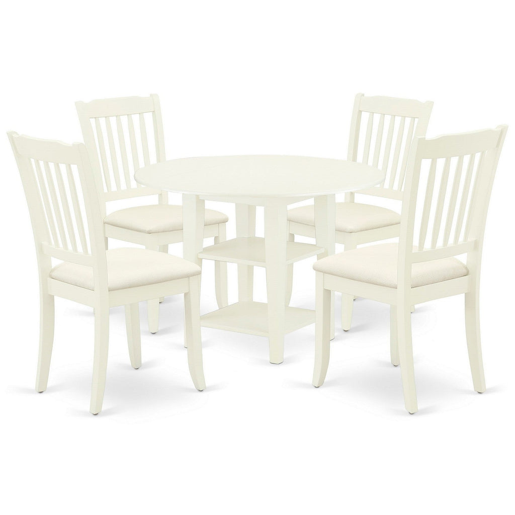 East West Furniture SUDA5-LWH-C 5 Piece Kitchen Table Set for 4 Includes a Round Dining Room Table with Dropleaf & Shelves and 4 Linen Fabric Upholstered Chairs, 42x42 Inch, Linen White