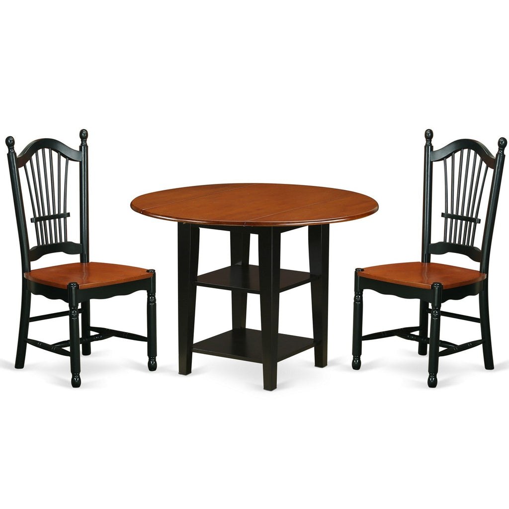 East West Furniture SUDO3-BCH-W 3 Piece Dining Set Contains a Round Dining Table with Dropleaf & Shelves and 2 Kitchen Chairs, 42x42 Inch, Black & Cherry