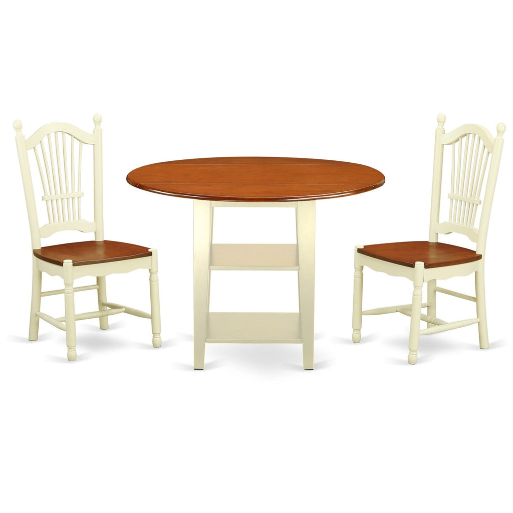 East West Furniture SUDO3-BMK-W 3 Piece Dining Table Set for Small Spaces Contains a Round Dining Room Table with Dropleaf & Shelves and 2 Wooden Seat Chairs, 42x42 Inch, Buttermilk & Cherry
