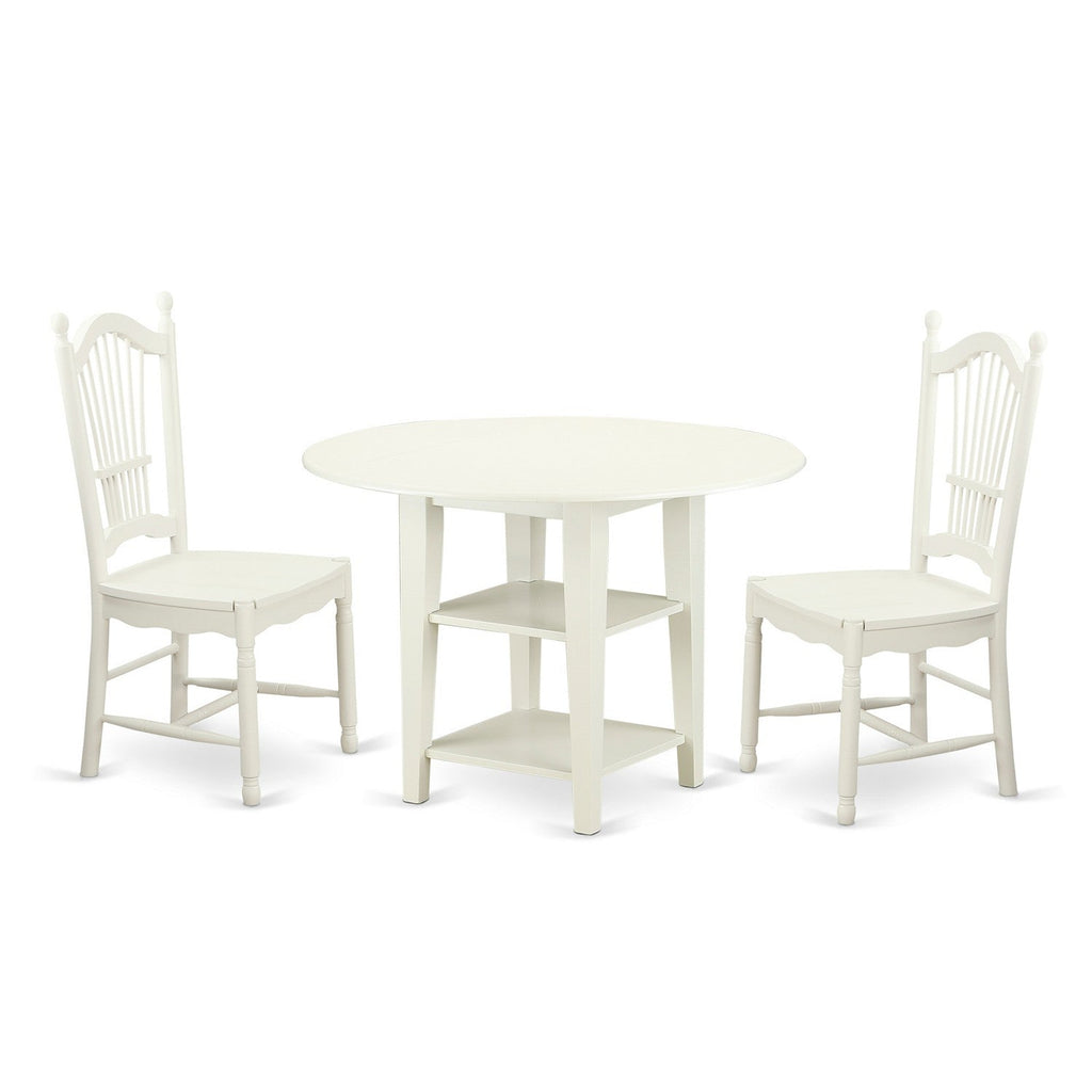 East West Furniture SUDO3-LWH-W 3 Piece Dining Room Furniture Set Contains a Round Kitchen Table with Dropleaf & Shelves and 2 Dining Chairs, 42x42 Inch, Linen White