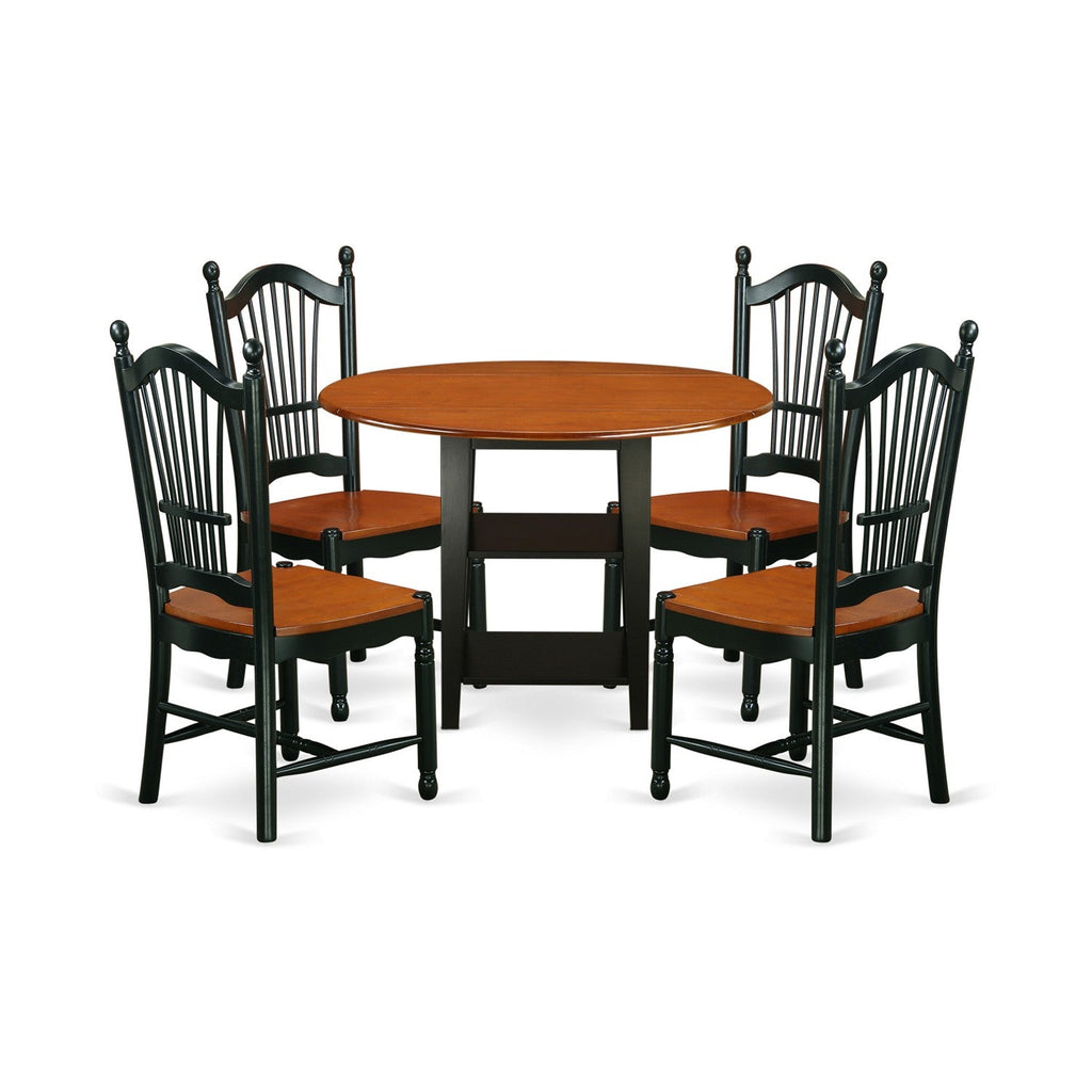 East West Furniture SUDO5-BCH-W 5 Piece Dining Set Includes a Round Dining Room Table with Dropleaf & Shelves and 4 Kitchen Chairs, 42x42 Inch, Black & Cherry