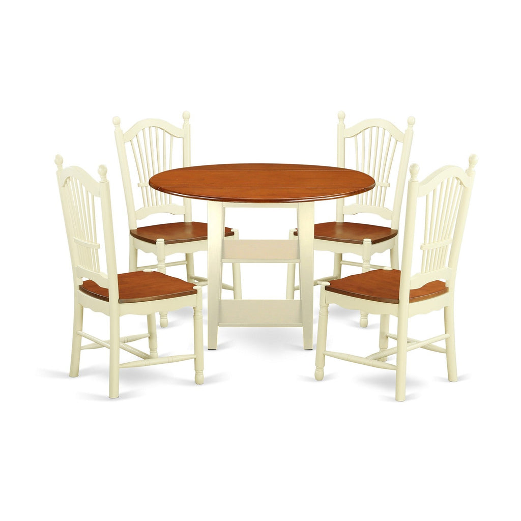 East West Furniture SUDO5-BMK-W 5 Piece Dining Room Table Set Includes a Round Kitchen Table with Dropleaf & Shelves and 4 Dining Chairs, 42x42 Inch, Buttermilk & Cherry