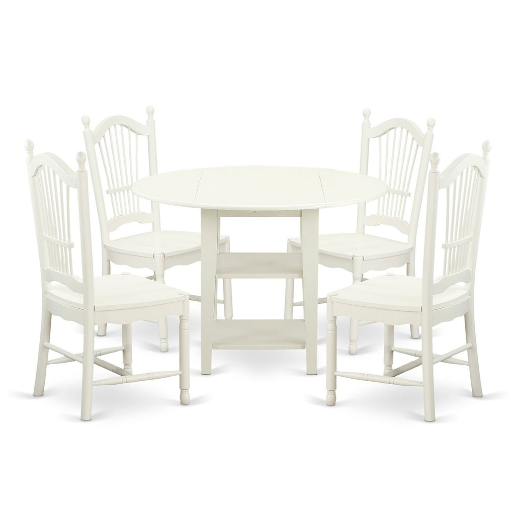 East West Furniture SUDO5-LWH-W 5 Piece Dining Room Furniture Set Includes a Round Kitchen Table with Dropleaf & Shelves and 4 Dining Chairs, 42x42 Inch, Linen White