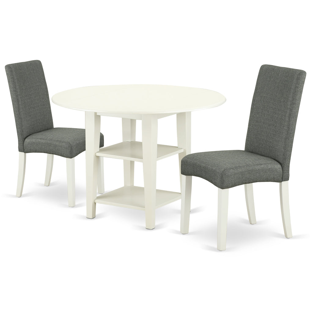 East West Furniture SUDR3-LWH-07 3 Piece Dining Set Contains a Round Dining Room Table with Dropleaf & Shelves and 2 Gray Linen Fabric Upholstered Chairs, 42x42 Inch, Linen White