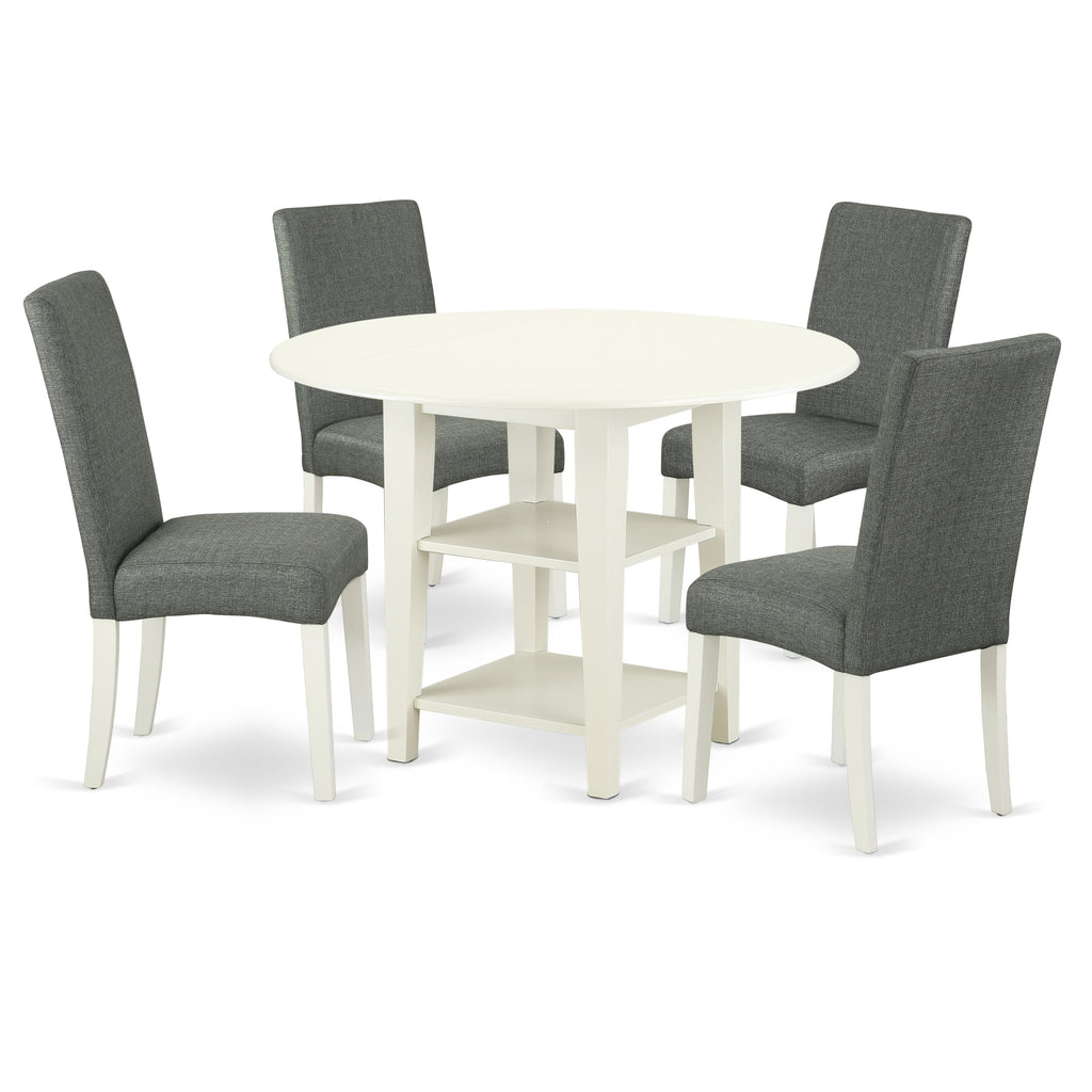 East West Furniture SUDR5-LWH-07 5 Piece Dining Set Includes a Round Dining Room Table with Dropleaf & Shelves and 4 Gray Linen Fabric Upholstered Parson Chairs, 42x42 Inch, Linen White