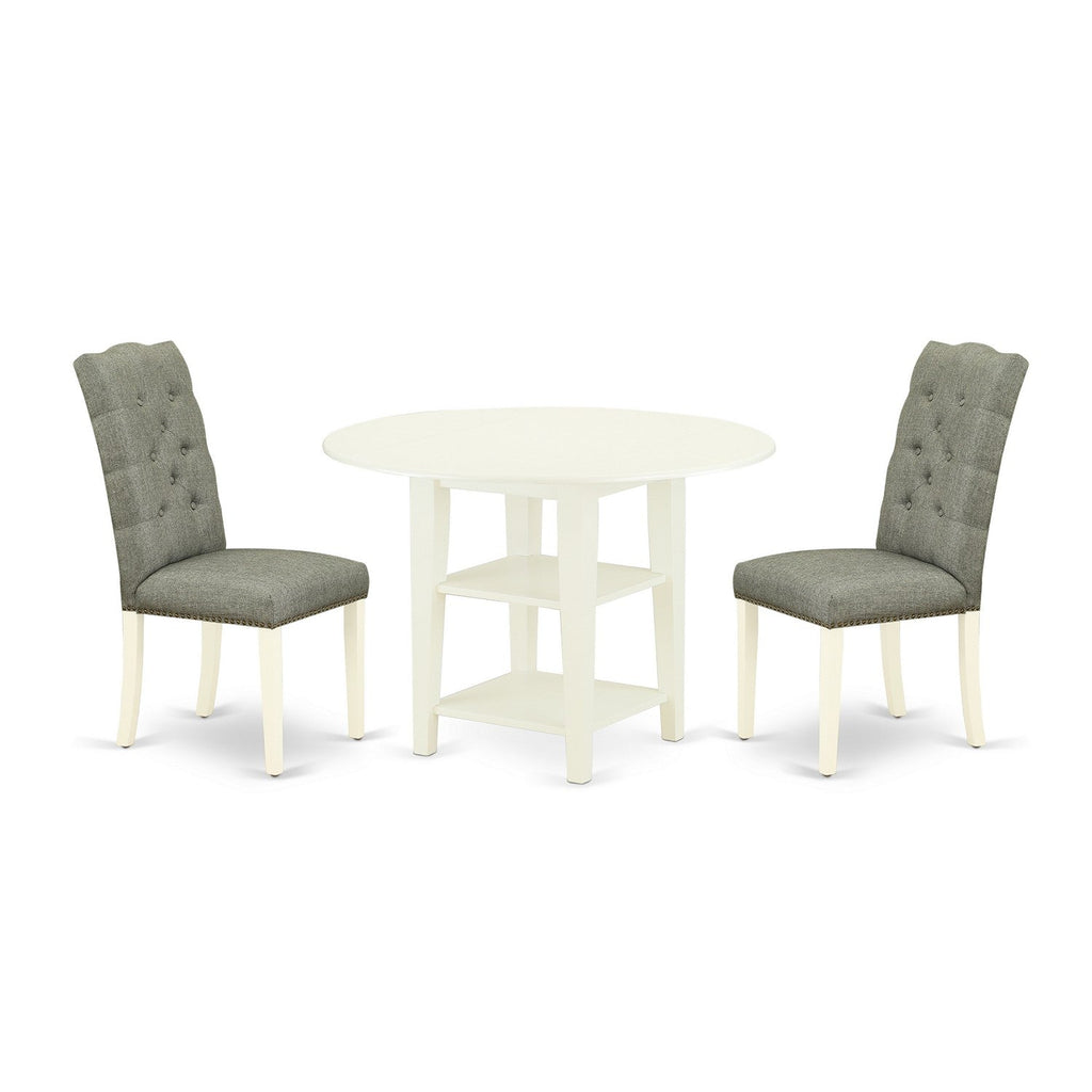 East West Furniture SUEL3-LWH-07 3 Piece Dining Room Table Set Contains a Round Kitchen Table with Dropleaf & Shelves and 2 Gray Linen Fabric Parson Dining Chairs, 42x42 Inch, Linen White