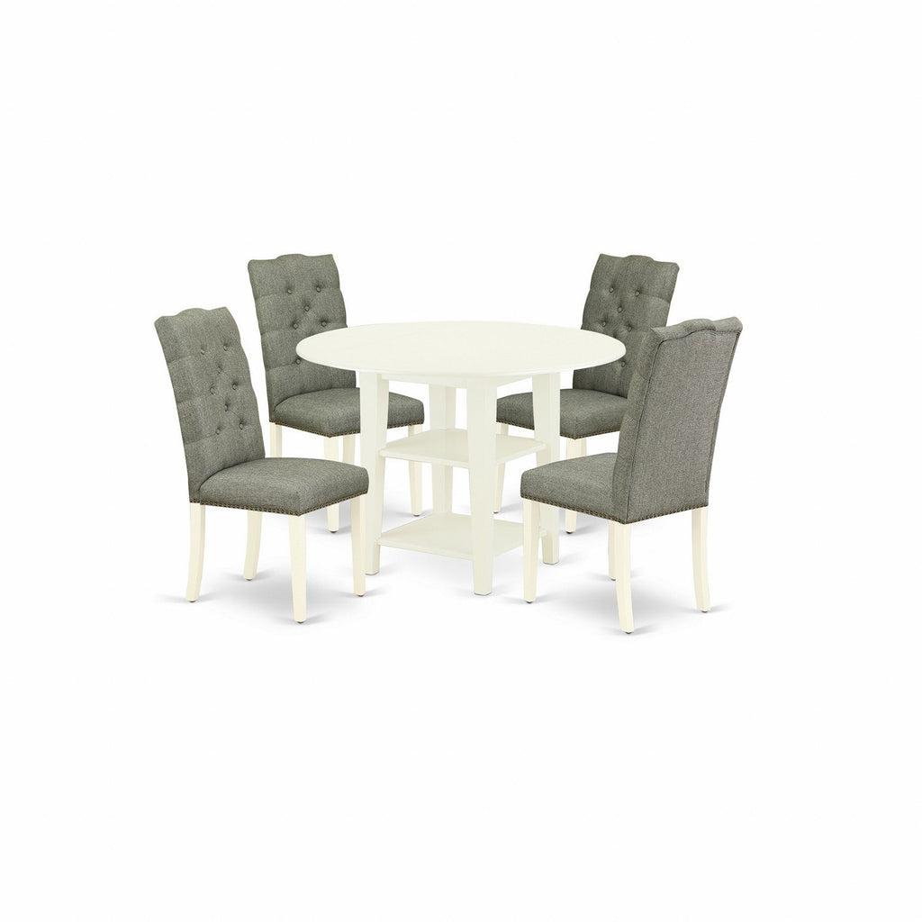 East West Furniture SUEL5-LWH-07 5 Piece Dining Room Table Set Includes a Round Kitchen Table with Dropleaf & Shelves and 4 Gray Linen Fabric Parson Dining Chairs, 42x42 Inch, Linen White