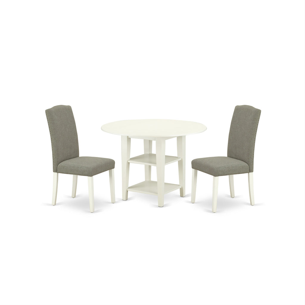 East West Furniture SUEN3-LWH-06 3 Piece Kitchen Table Set Contains a Round Dining Table with Dropleaf & Shelves and 2 Dark Shitake Linen Fabric Parson Chairs, 42x42 Inch, Linen White