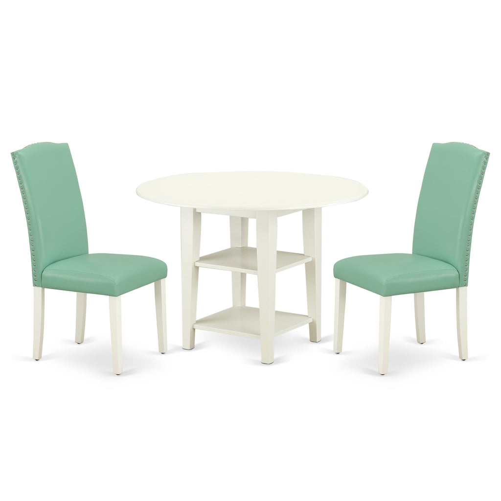 East West Furniture SUEN3-LWH-57 3 Piece Dining Set Contains a Round Dining Room Table with Dropleaf & Shelves and 2 Pond Faux Leather Upholstered Chairs, 42x42 Inch, Linen White