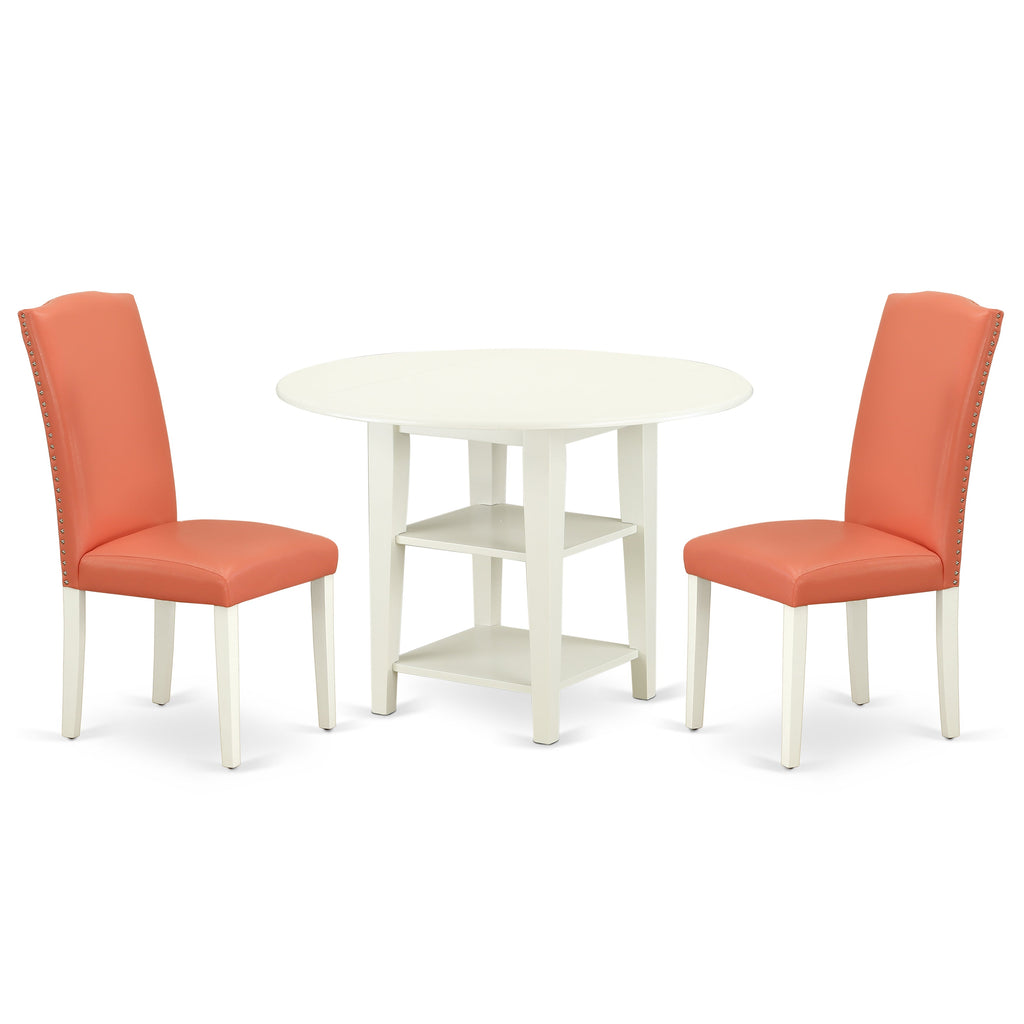 East West Furniture SUEN3-LWH-78 3 Piece Dining Table Set Contains a Round Dinner Table with Dropleaf & Shelves and 2 Pink Flamingo Faux Leather Upholstered Chairs, 42x42 Inch, Linen White