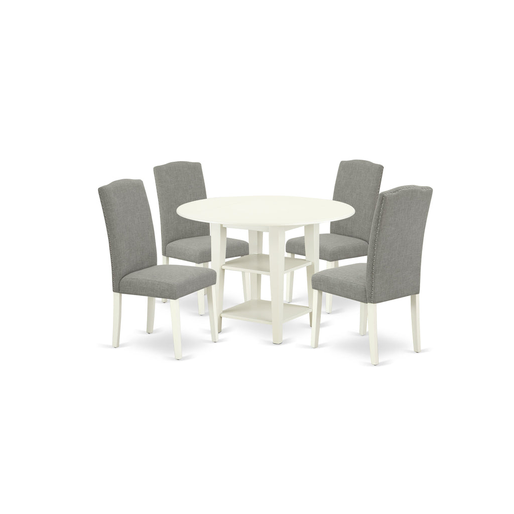 East West Furniture SUEN5-LWH-06 5 Piece Kitchen Table Set for 4 Includes a Round Dining Table with Dropleaf & Shelves and 4 Dark Shitake Linen Fabric Parsons Chairs, 42x42 Inch, Linen White