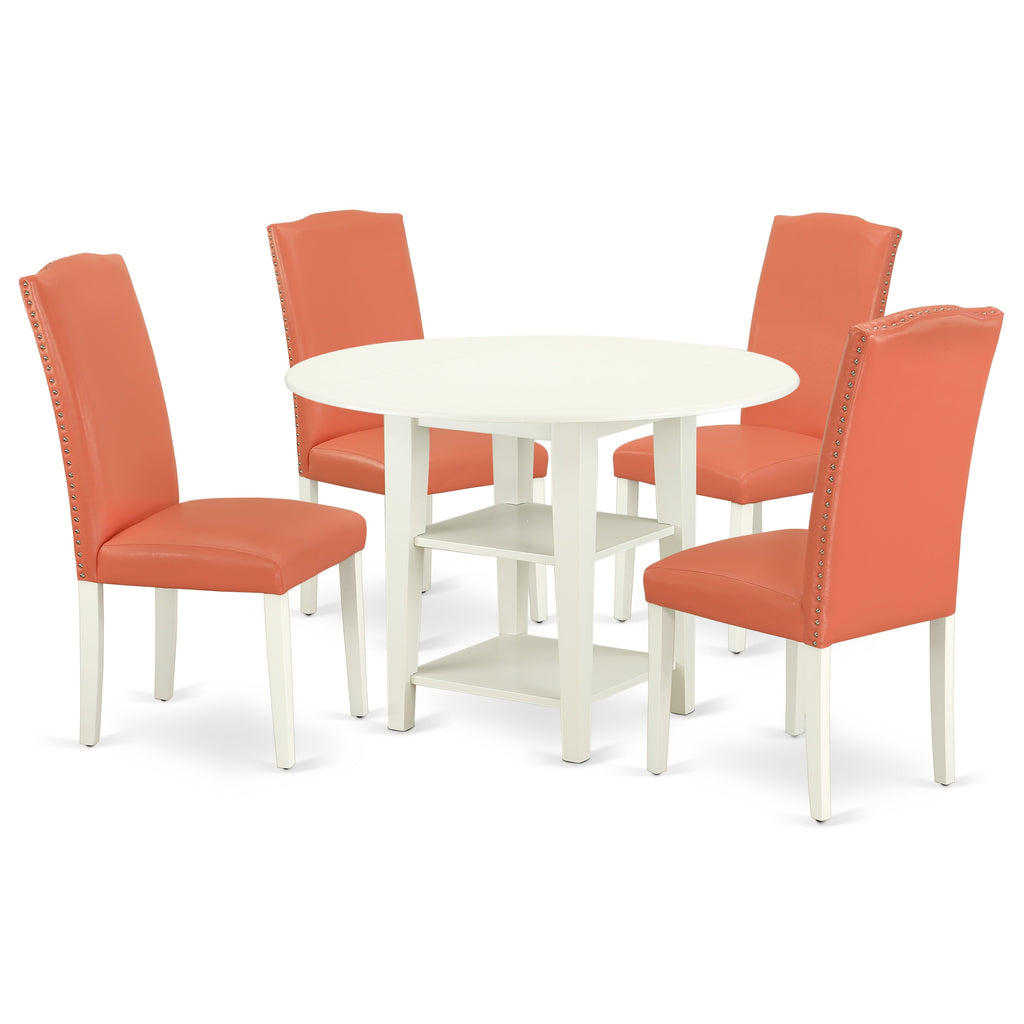 East West Furniture SUEN5-LWH-78 5 Piece Kitchen Table Set Includes a Round Dining Room Table with Dropleaf & Shelves and 4 Pink Flamingo Faux Leather Parsons Chairs, 42x42 Inch, Linen White