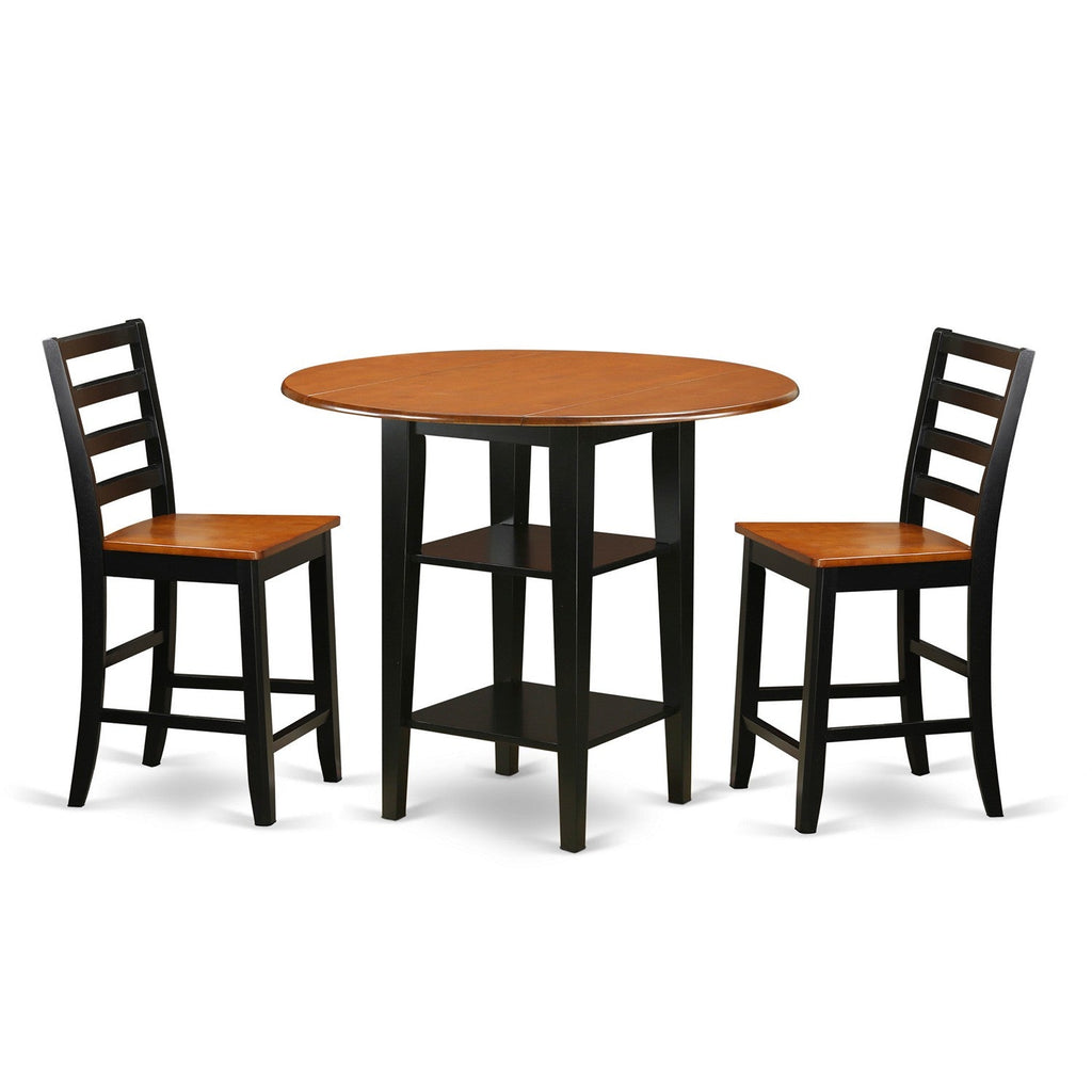 East West Furniture SUFA3H-BCH-W 3 Piece Kitchen Counter Height Dining Table Set Contains a Round Wooden Table with Dropleaf & Shelves and 2 Dining Chairs, 42x42 Inch, Black & Cherry