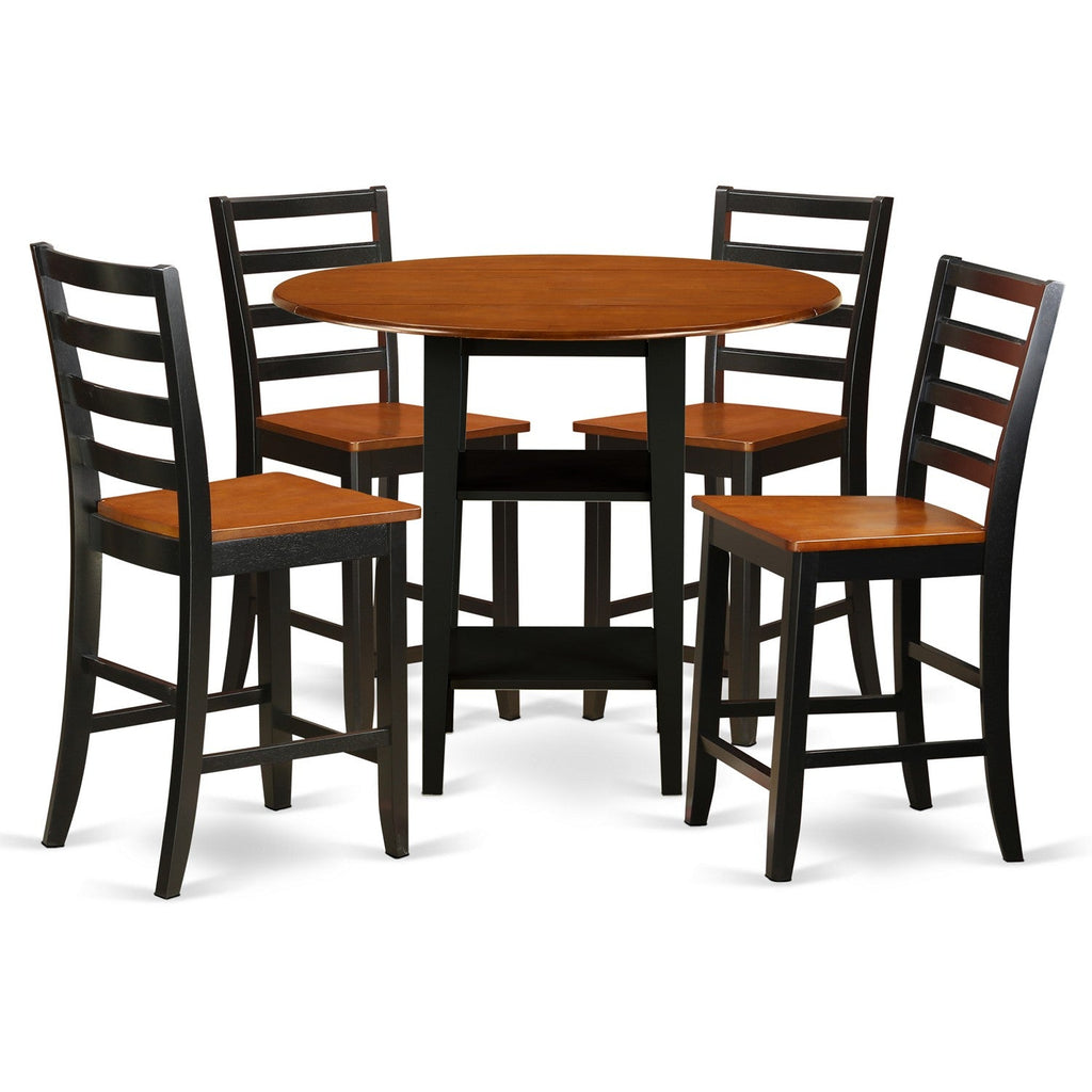 East West Furniture SUFA5H-BCH-W 5 Piece Kitchen Counter Height Dining Table Set Includes a Round Wooden Table with Dropleaf & Shelves and 4 Dining Chairs, 42x42 Inch, Black & Cherry